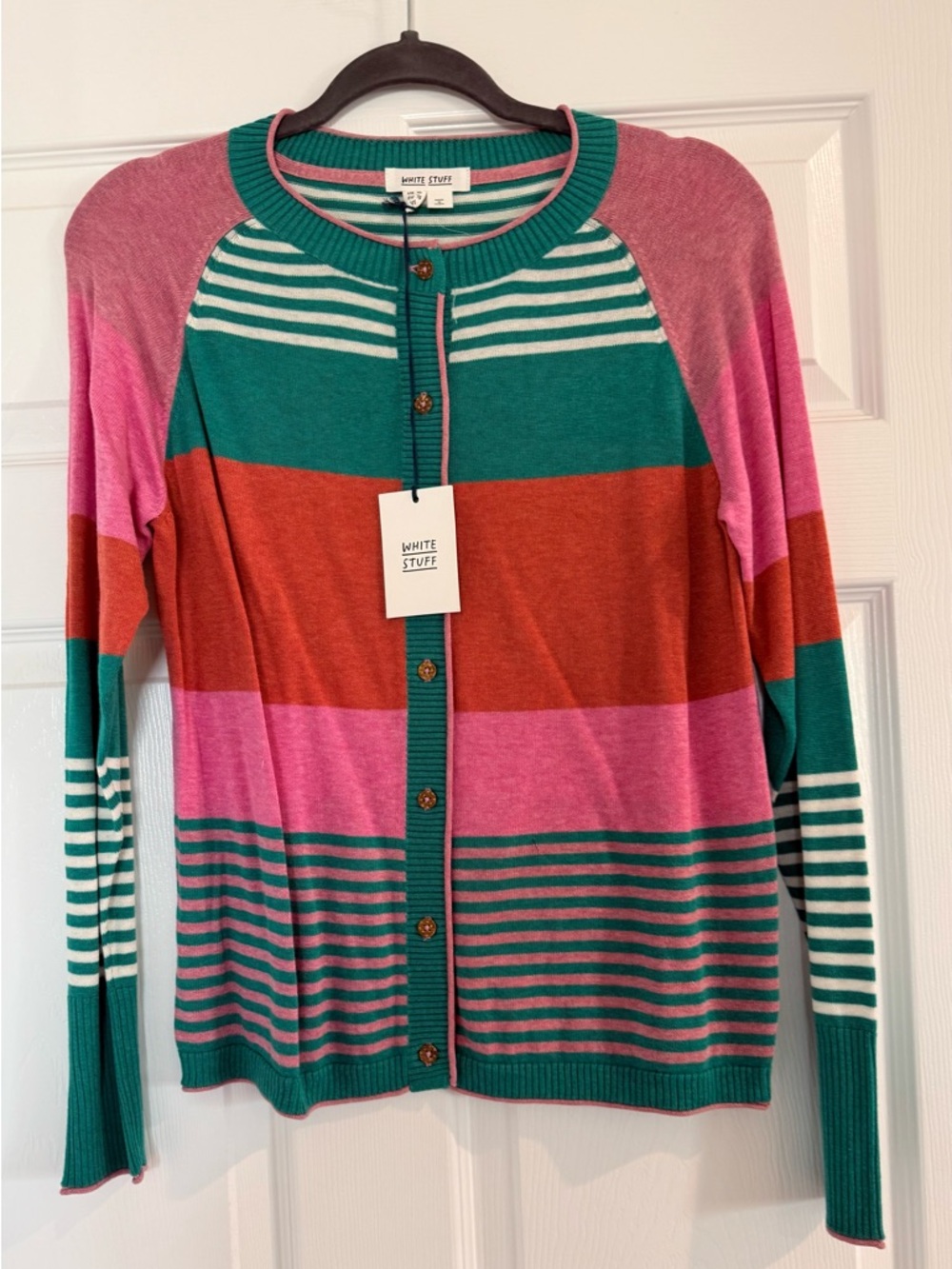 White Stuff: Women's Multicolor Striped Button Cardigan - Pink & Teal